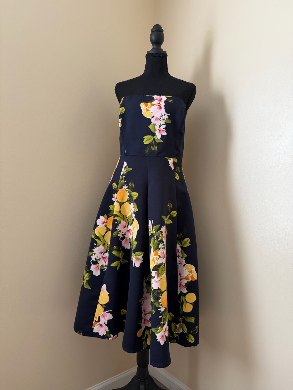 New York & Company Eva Mendes Navy Strapless Midi Dress Lemon/Pink Floral Print